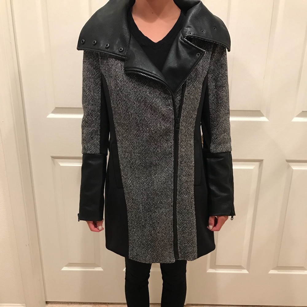 Blanc Noir Black and Grey Leather and Twill Jacket